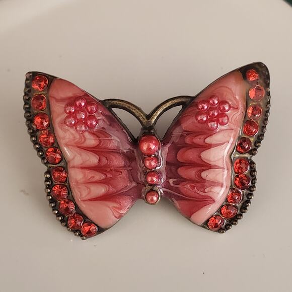Vintage 1950's Butterfly Brooch‎ Pink and Red Enamel with Red Rhinestones - Picture 1 of 6